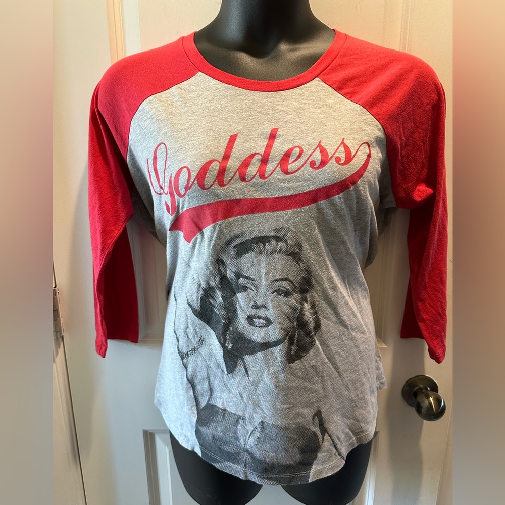 Goddess Graphic Baseball Tee - Red and Gray Long Sleeve